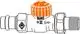 Thermostat-Ventilunterteil mit orangefarbenem Einstellknopf, entwickelt von IMI Hydronic Engineering, zur Regelung von Durchfluss in Heizsystemen.